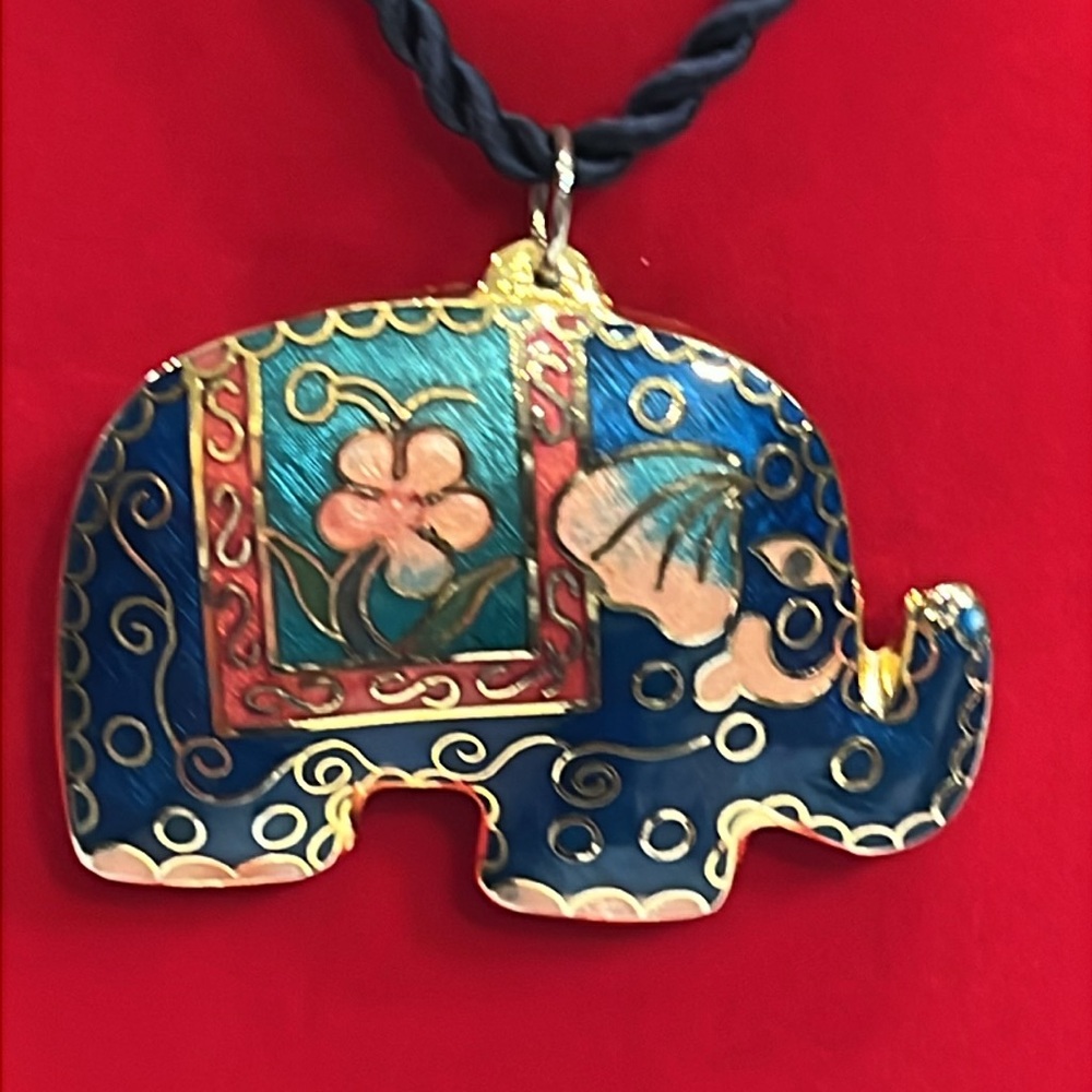 Vintage Cloisonné Elephant Beautifully Crafted On a Navy Blue Cord Necklace.